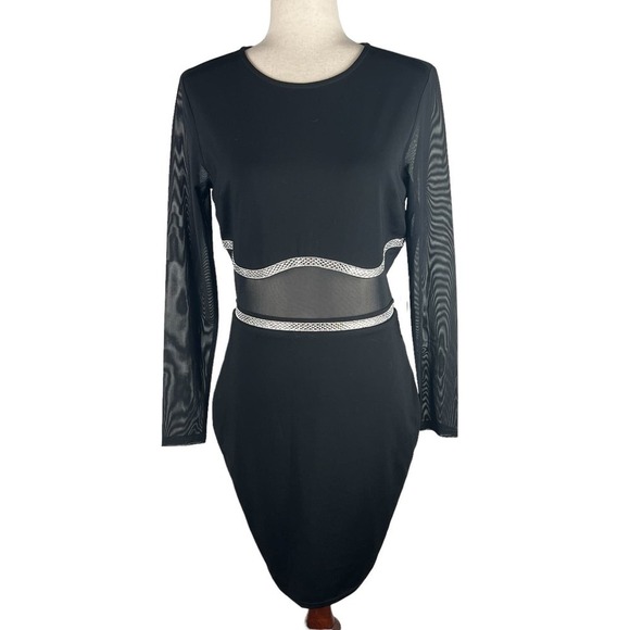 BEBE EMBELLISHED TRIM MESH LONG SLEEVE BODYCON DRESS IN BLACK NWT WOMEN'S LARGE - Picture 3 of 16